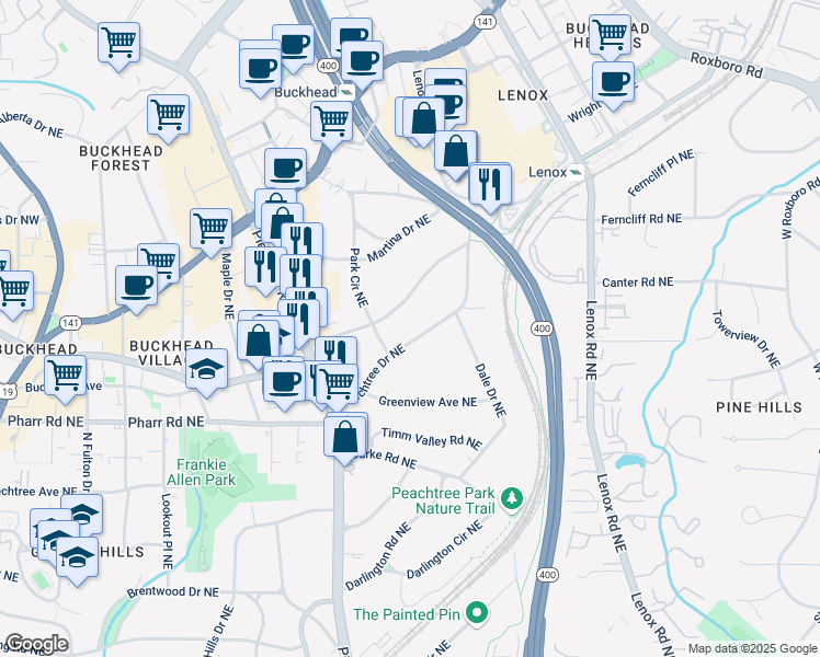 map of restaurants, bars, coffee shops, grocery stores, and more near 3114 Peachtree Drive Northeast in Atlanta