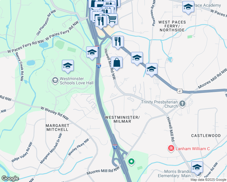 map of restaurants, bars, coffee shops, grocery stores, and more near 3156 Howell Mill Road Northwest in Atlanta
