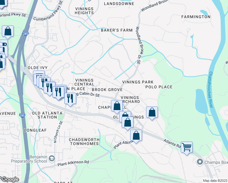 map of restaurants, bars, coffee shops, grocery stores, and more near 2773 Brookgrove Lane Southeast in Atlanta