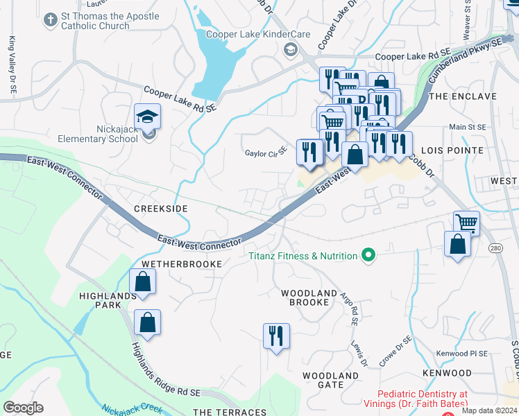 map of restaurants, bars, coffee shops, grocery stores, and more near 4734 Wehunt Trail in Smyrna