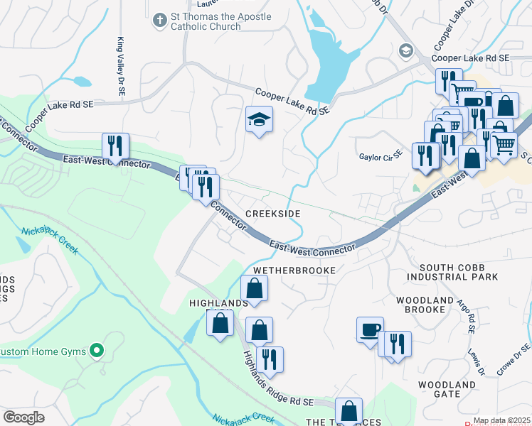 map of restaurants, bars, coffee shops, grocery stores, and more near 416 Creekview Trail Southeast in Smyrna