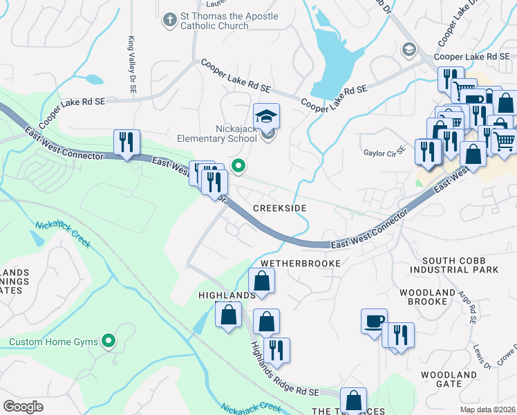 map of restaurants, bars, coffee shops, grocery stores, and more near 416 Creekview Trail Southeast in Smyrna