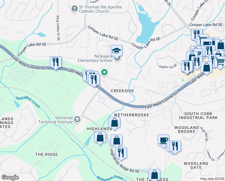 map of restaurants, bars, coffee shops, grocery stores, and more near 416 Creekview Trail Southeast in Smyrna