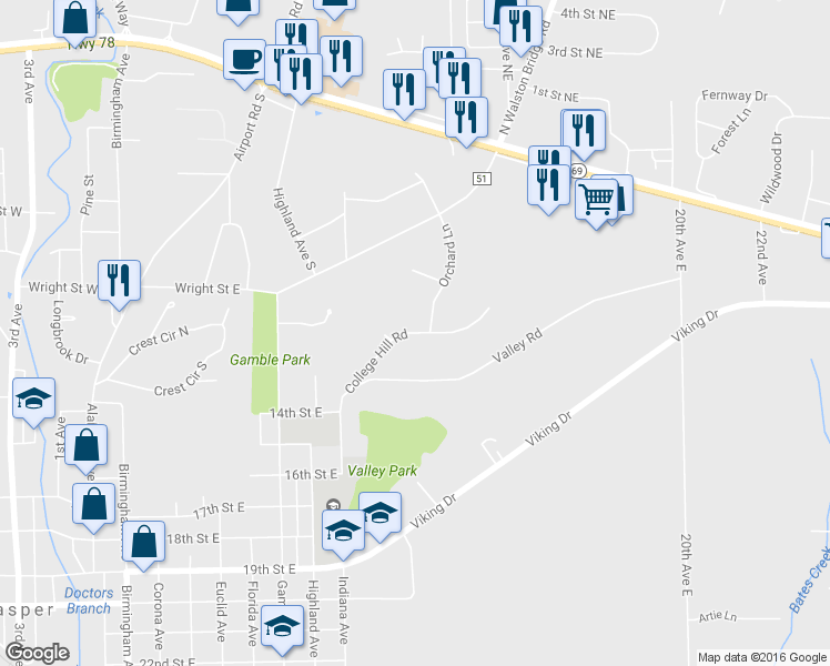 map of restaurants, bars, coffee shops, grocery stores, and more near College Hill Road in Jasper