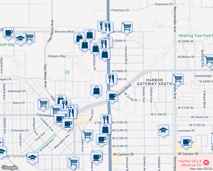 map of restaurants, bars, coffee shops, grocery stores, and more near 20915 South Western Avenue in Torrance