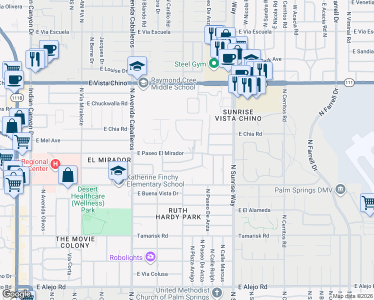 map of restaurants, bars, coffee shops, grocery stores, and more near 1190 East Paseo El Mirador in Palm Springs
