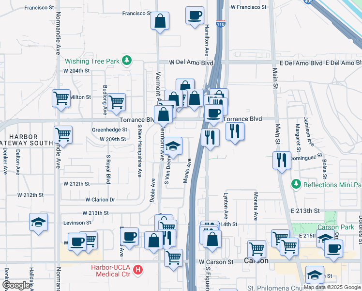 map of restaurants, bars, coffee shops, grocery stores, and more near 20918 Conradi Avenue in Torrance
