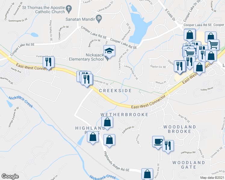 map of restaurants, bars, coffee shops, grocery stores, and more near 416 Creekview Trail Southeast in Smyrna