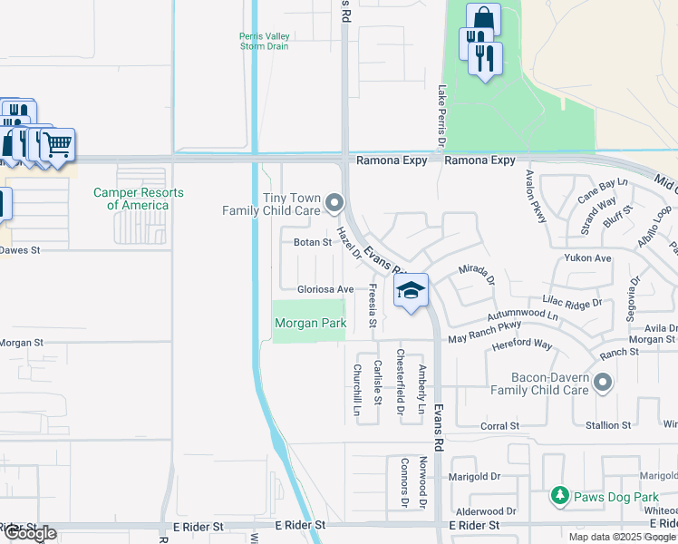 map of restaurants, bars, coffee shops, grocery stores, and more near 3709 Garland Street in Perris