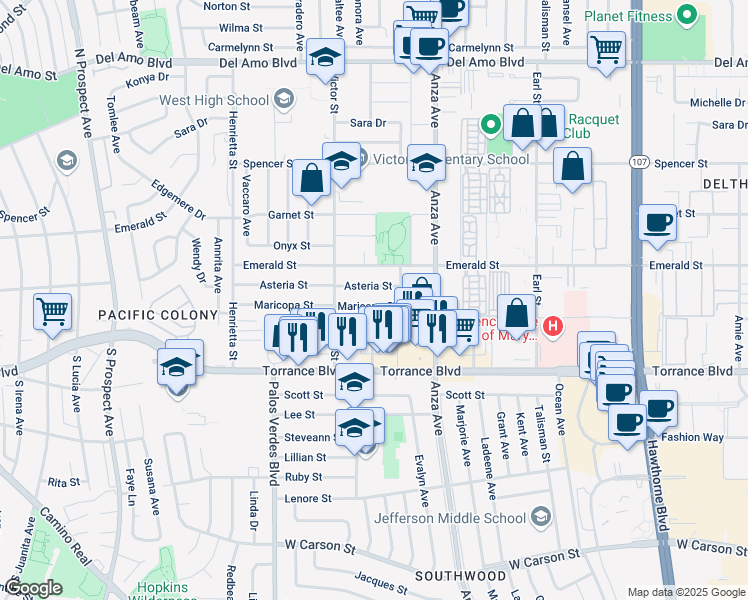 map of restaurants, bars, coffee shops, grocery stores, and more near 4813 Maricopa Street in Torrance
