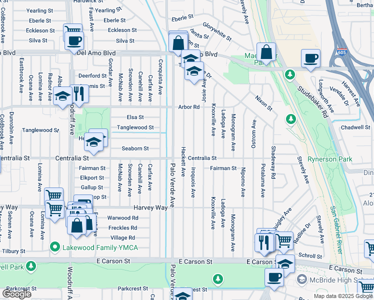 map of restaurants, bars, coffee shops, grocery stores, and more near 4513 Hackett Avenue in Lakewood