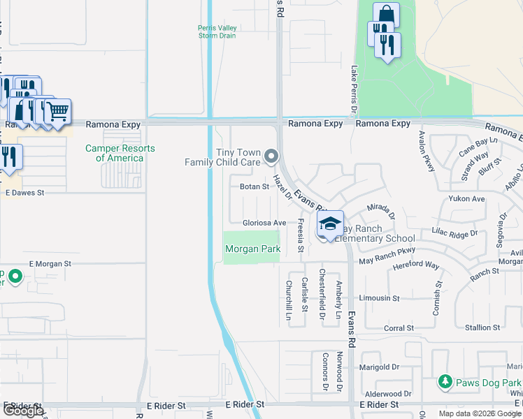 map of restaurants, bars, coffee shops, grocery stores, and more near 3705 Solandra Street in Perris