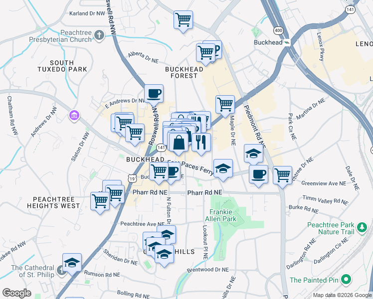 map of restaurants, bars, coffee shops, grocery stores, and more near 350 E Paces Ferry Rd in Atlanta