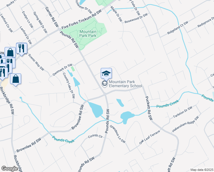 map of restaurants, bars, coffee shops, grocery stores, and more near 1500 Pounds Road Southwest in Lilburn