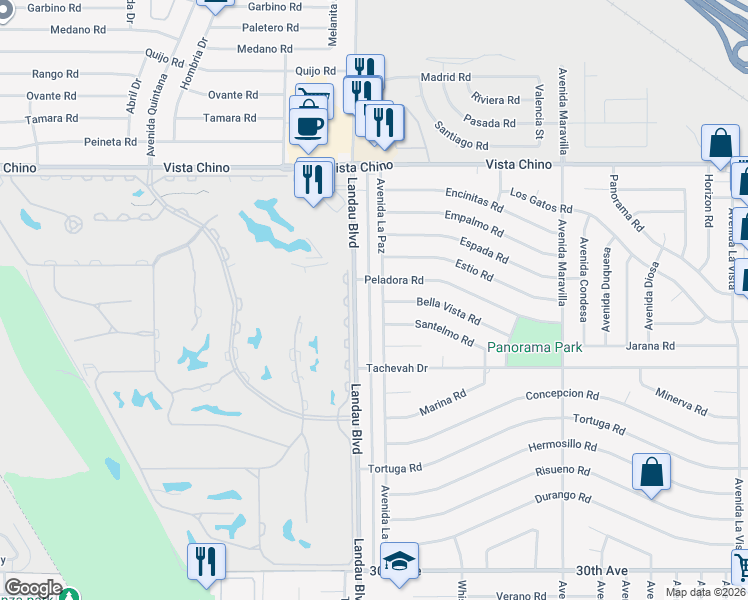 map of restaurants, bars, coffee shops, grocery stores, and more near 28585 Avenida La Paz in Cathedral City