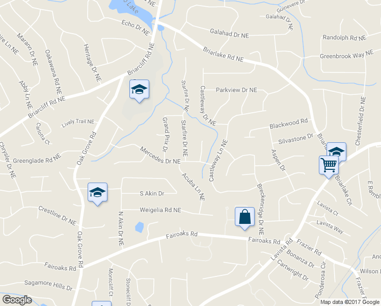 map of restaurants, bars, coffee shops, grocery stores, and more near 1953 Starfire Drive Northeast in Atlanta