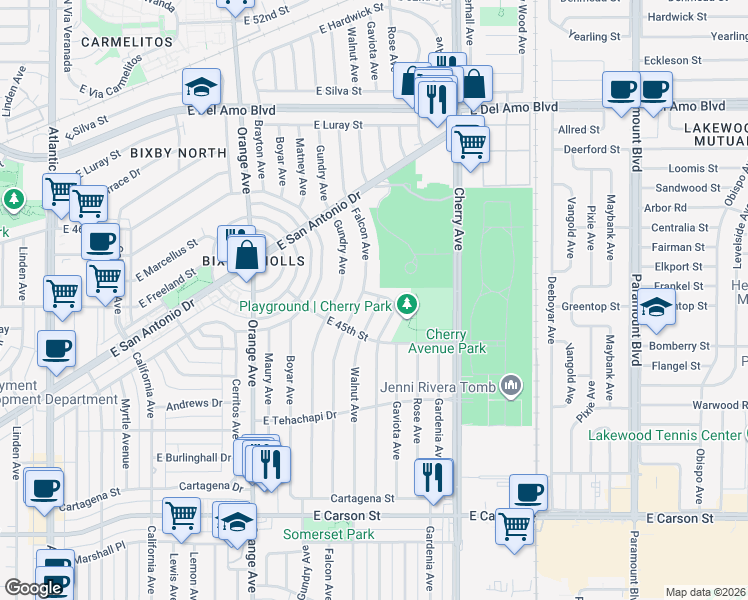 map of restaurants, bars, coffee shops, grocery stores, and more near 4549 Walnut Avenue in Long Beach