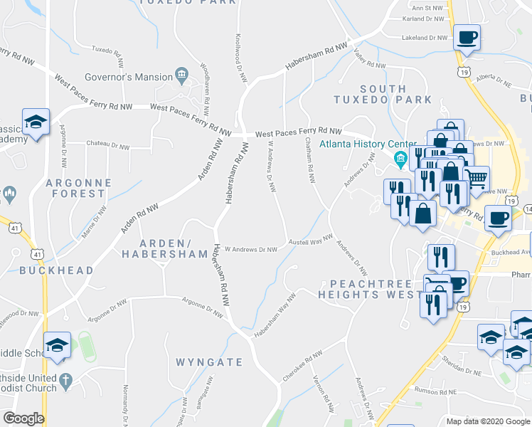 map of restaurants, bars, coffee shops, grocery stores, and more near 14 West Andrews Drive Northwest in Atlanta