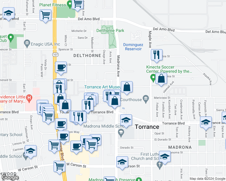 map of restaurants, bars, coffee shops, grocery stores, and more near 20912 Avis Avenue in Torrance