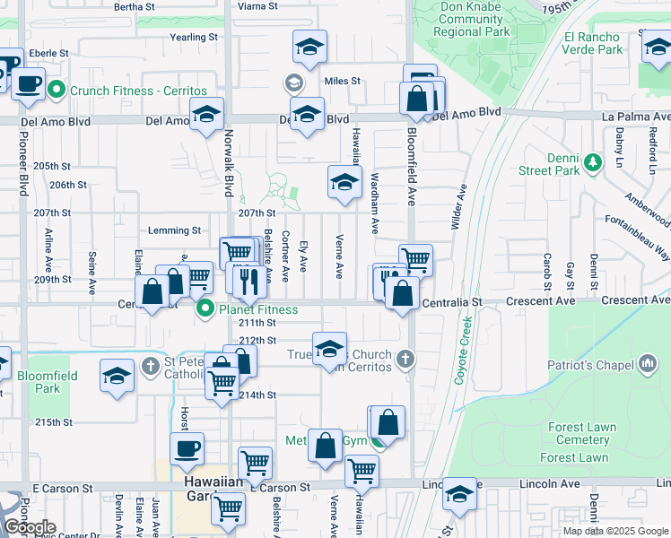 map of restaurants, bars, coffee shops, grocery stores, and more near 20839 Verne Avenue in Lakewood
