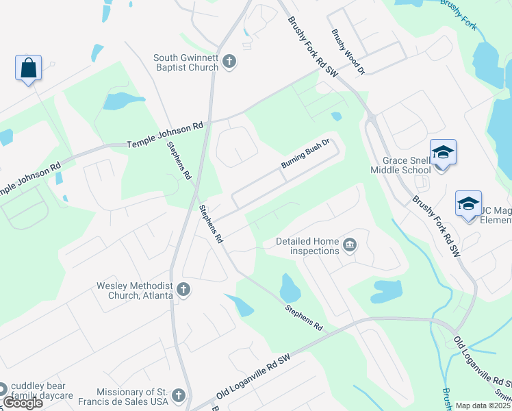 map of restaurants, bars, coffee shops, grocery stores, and more near 1280 Burning Bush Drive in Loganville