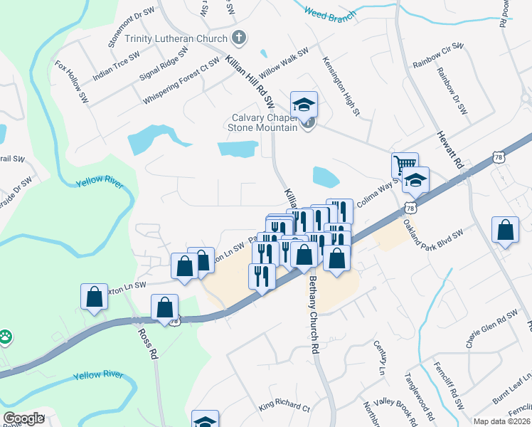 map of restaurants, bars, coffee shops, grocery stores, and more near 4042 Scenic Mountain Drive Southwest in Snellville