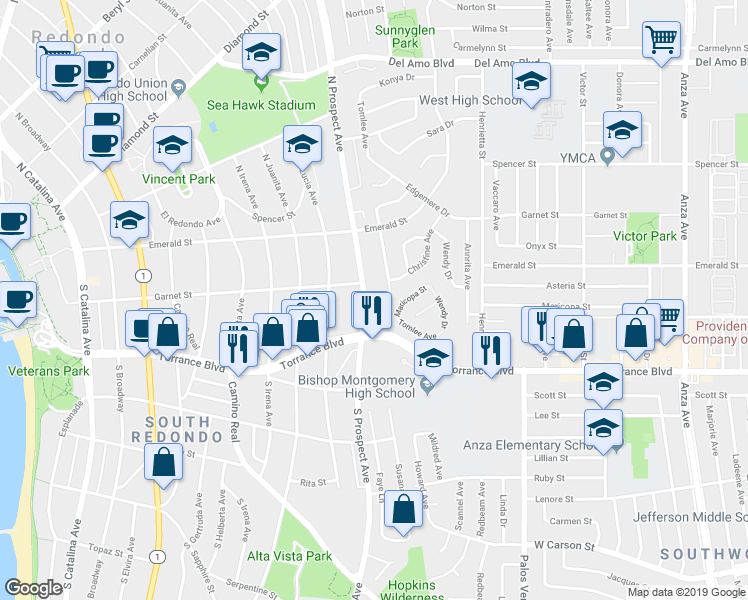 map of restaurants, bars, coffee shops, grocery stores, and more near 210 South Prospect Avenue in Redondo Beach