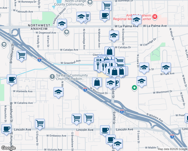 map of restaurants, bars, coffee shops, grocery stores, and more near 1776 West Glencrest Avenue in Anaheim