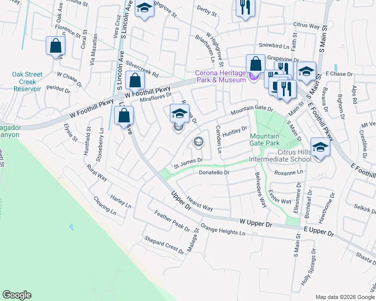 map of restaurants, bars, coffee shops, grocery stores, and more near 300 Atlantic Circle in Corona