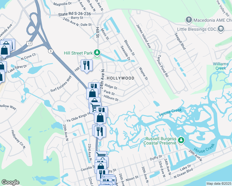 map of restaurants, bars, coffee shops, grocery stores, and more near 2417 Park Street in North Myrtle Beach