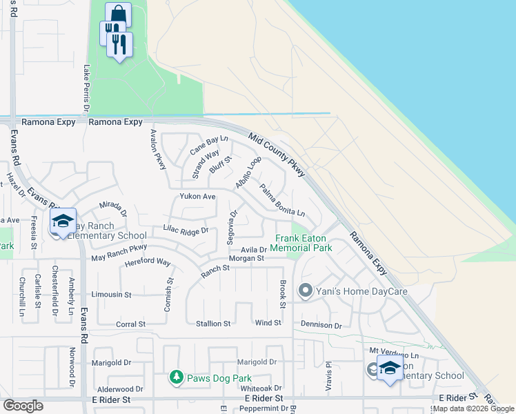 map of restaurants, bars, coffee shops, grocery stores, and more near 1429 Alta Palma Road in Perris