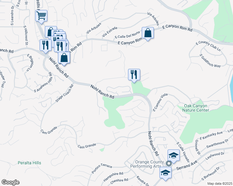 map of restaurants, bars, coffee shops, grocery stores, and more near 6401 Nohl Ranch Road in Anaheim
