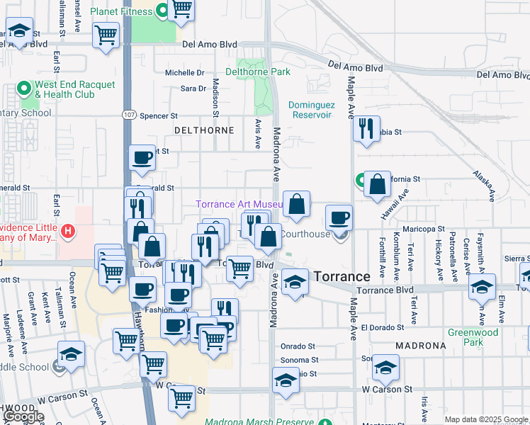 map of restaurants, bars, coffee shops, grocery stores, and more near 20912 Avis Avenue in Torrance