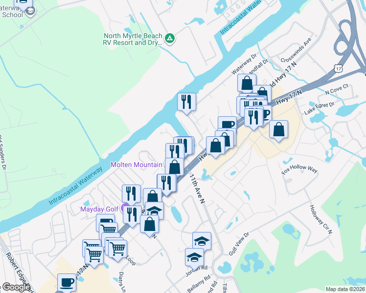 map of restaurants, bars, coffee shops, grocery stores, and more near 1513 Waterway Drive in North Myrtle Beach