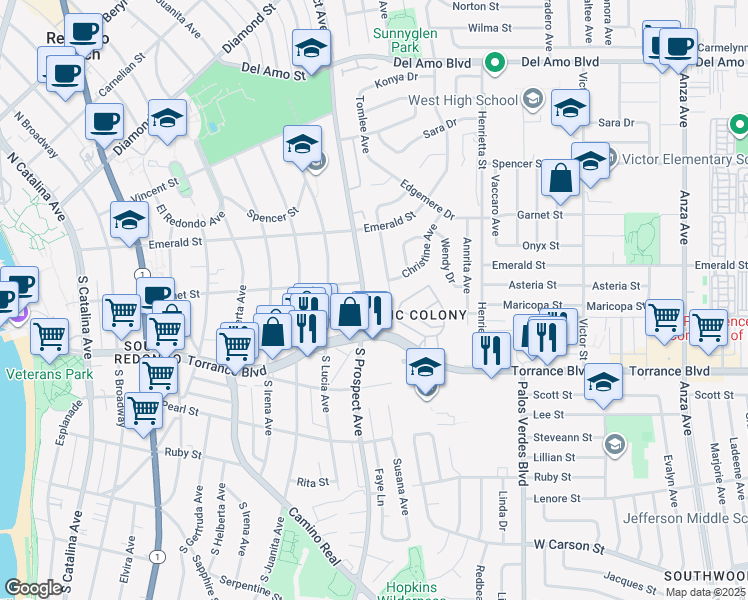 map of restaurants, bars, coffee shops, grocery stores, and more near 210 South Prospect Avenue in Redondo Beach