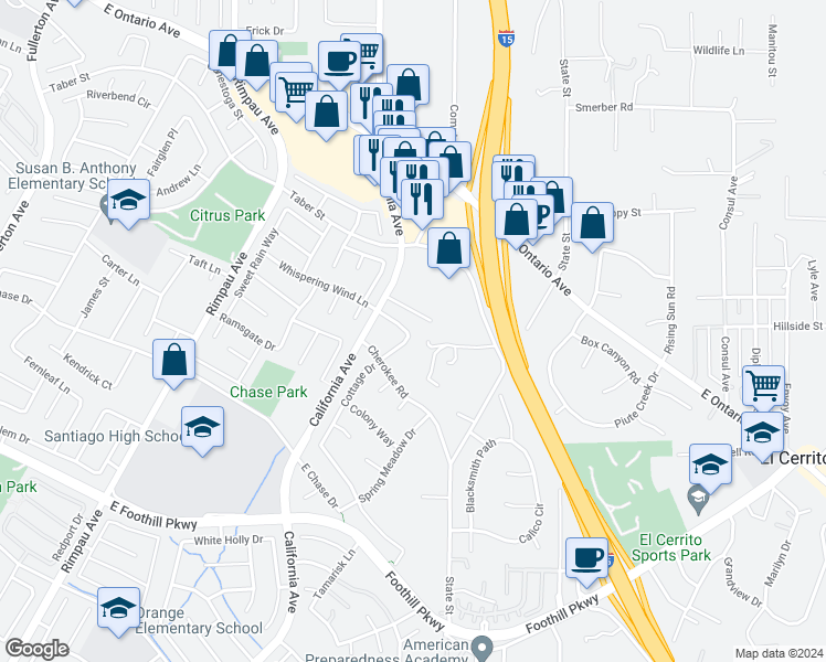 map of restaurants, bars, coffee shops, grocery stores, and more near Hayden Avenue in Corona