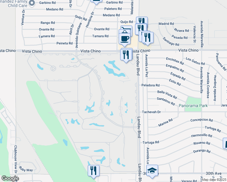 map of restaurants, bars, coffee shops, grocery stores, and more near 28740 Desert Princess Drive in Cathedral City