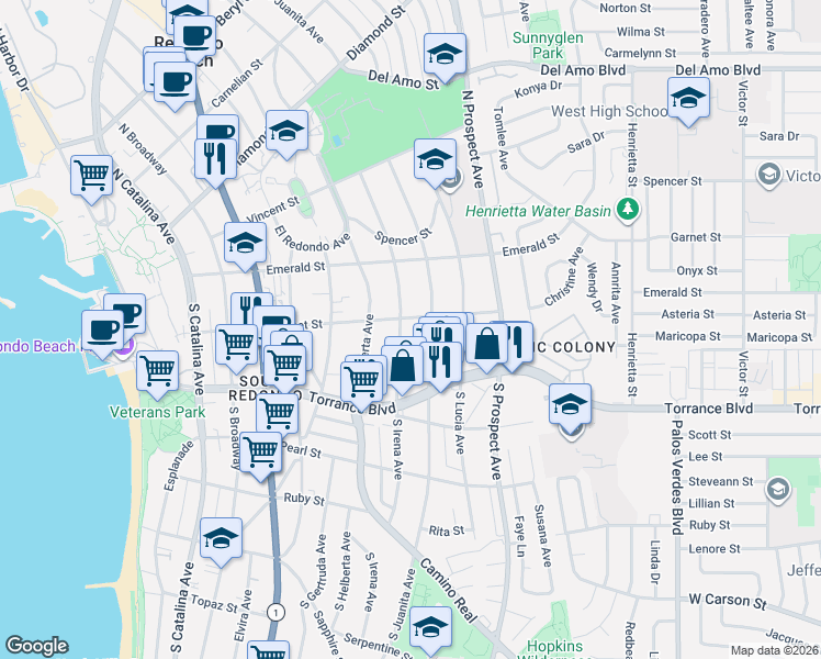 map of restaurants, bars, coffee shops, grocery stores, and more near 208 South Irena Avenue in Redondo Beach
