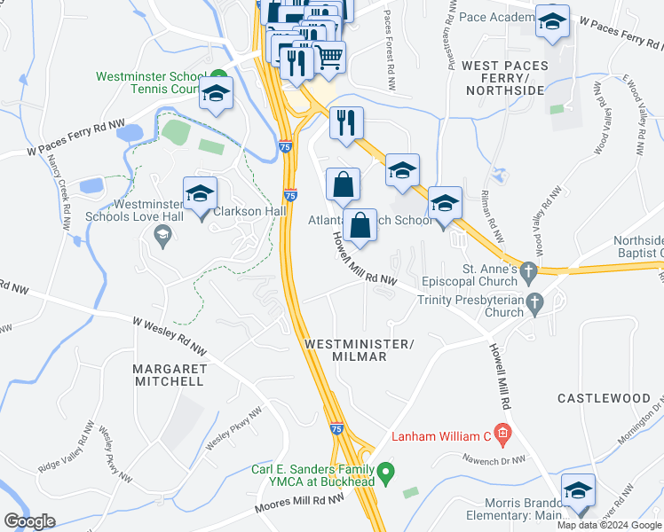 map of restaurants, bars, coffee shops, grocery stores, and more near 3156 Howell Mill Road Northwest in Atlanta