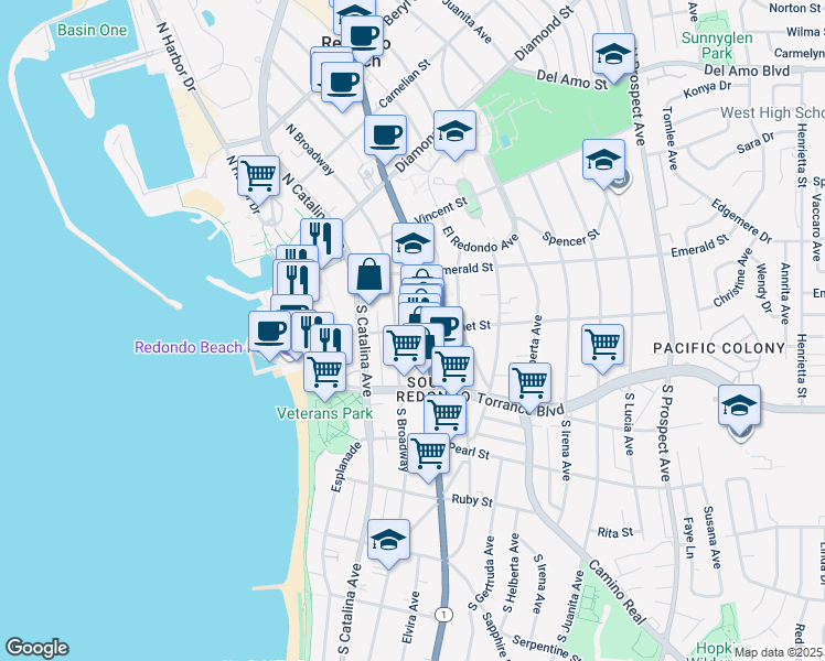 map of restaurants, bars, coffee shops, grocery stores, and more near 316 Garnet Street in Redondo Beach