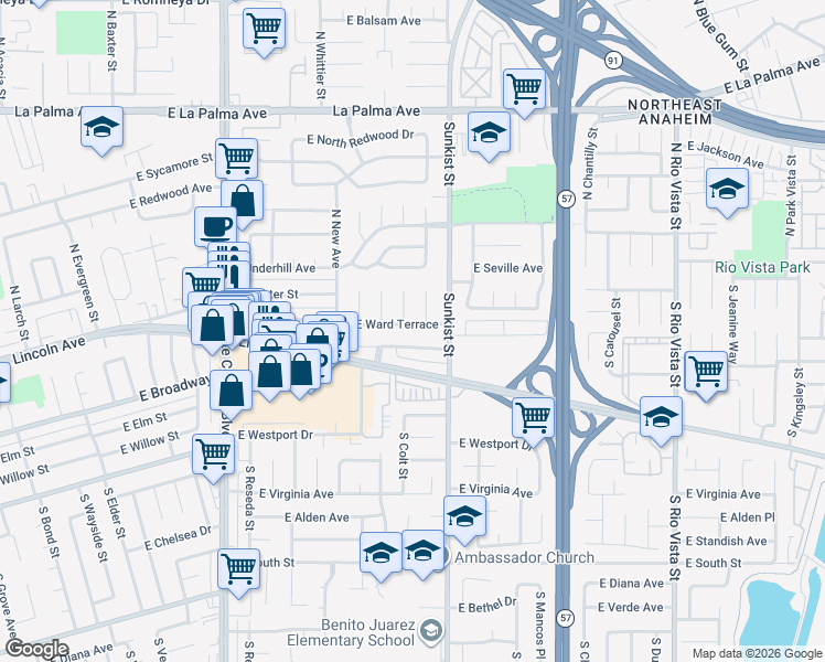 map of restaurants, bars, coffee shops, grocery stores, and more near 2426 East Ward Terrace in Anaheim