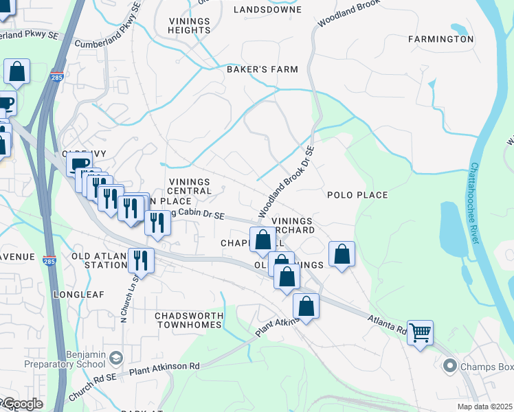 map of restaurants, bars, coffee shops, grocery stores, and more near 2773 Brookgrove Lane Southeast in Atlanta