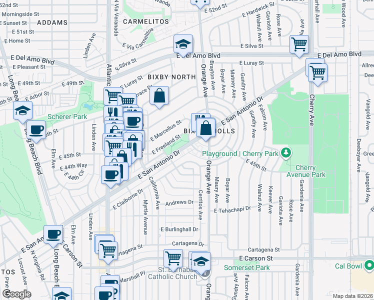 map of restaurants, bars, coffee shops, grocery stores, and more near 1104 East San Antonio Drive in Long Beach