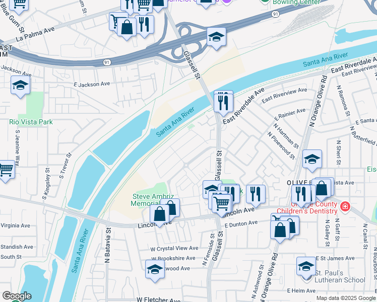 map of restaurants, bars, coffee shops, grocery stores, and more near 263 West Pebble Creek Lane in Orange