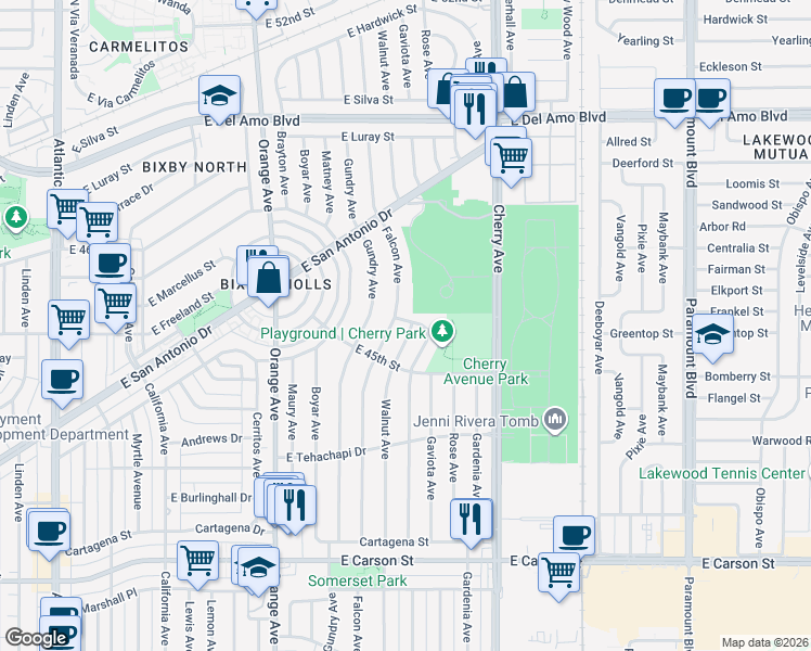 map of restaurants, bars, coffee shops, grocery stores, and more near 4549 Walnut Avenue in Long Beach