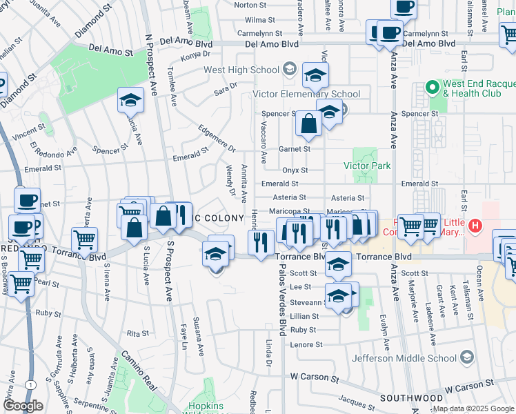 map of restaurants, bars, coffee shops, grocery stores, and more near 20910 Henrietta Street in Torrance