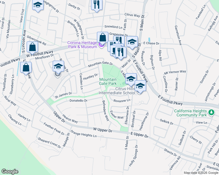 map of restaurants, bars, coffee shops, grocery stores, and more near 3401 Rexford Way in Corona