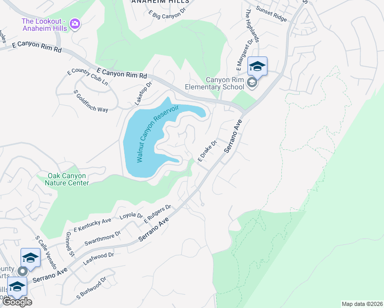 map of restaurants, bars, coffee shops, grocery stores, and more near South Lake Summit Drive in Anaheim