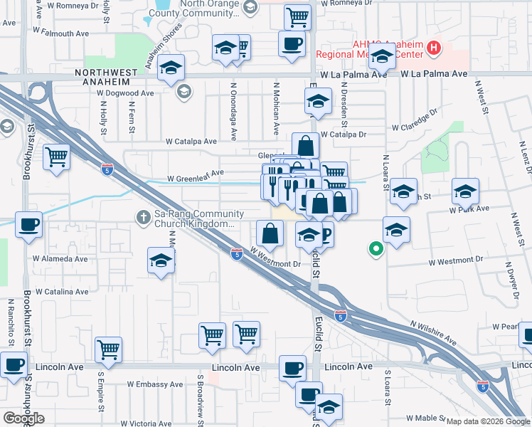 map of restaurants, bars, coffee shops, grocery stores, and more near 1776 West Glencrest Avenue in Anaheim