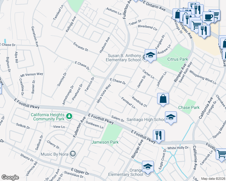 map of restaurants, bars, coffee shops, grocery stores, and more near 2968 Gilbert Avenue in Corona